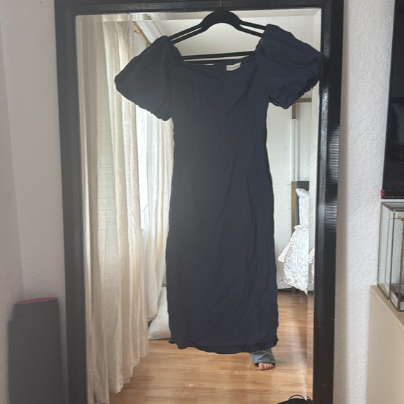 Rhode Karima Linen Puff Sleeve Navy Dress - Picture 2 of 5